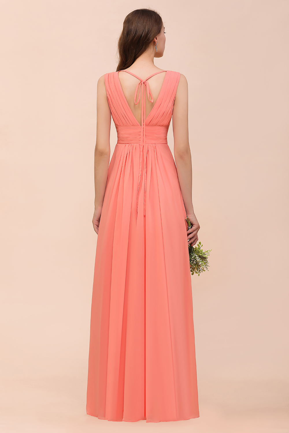 Elegant Long A-line V-Neck Ruffle Coral Chiffon Bridesmaid Dress