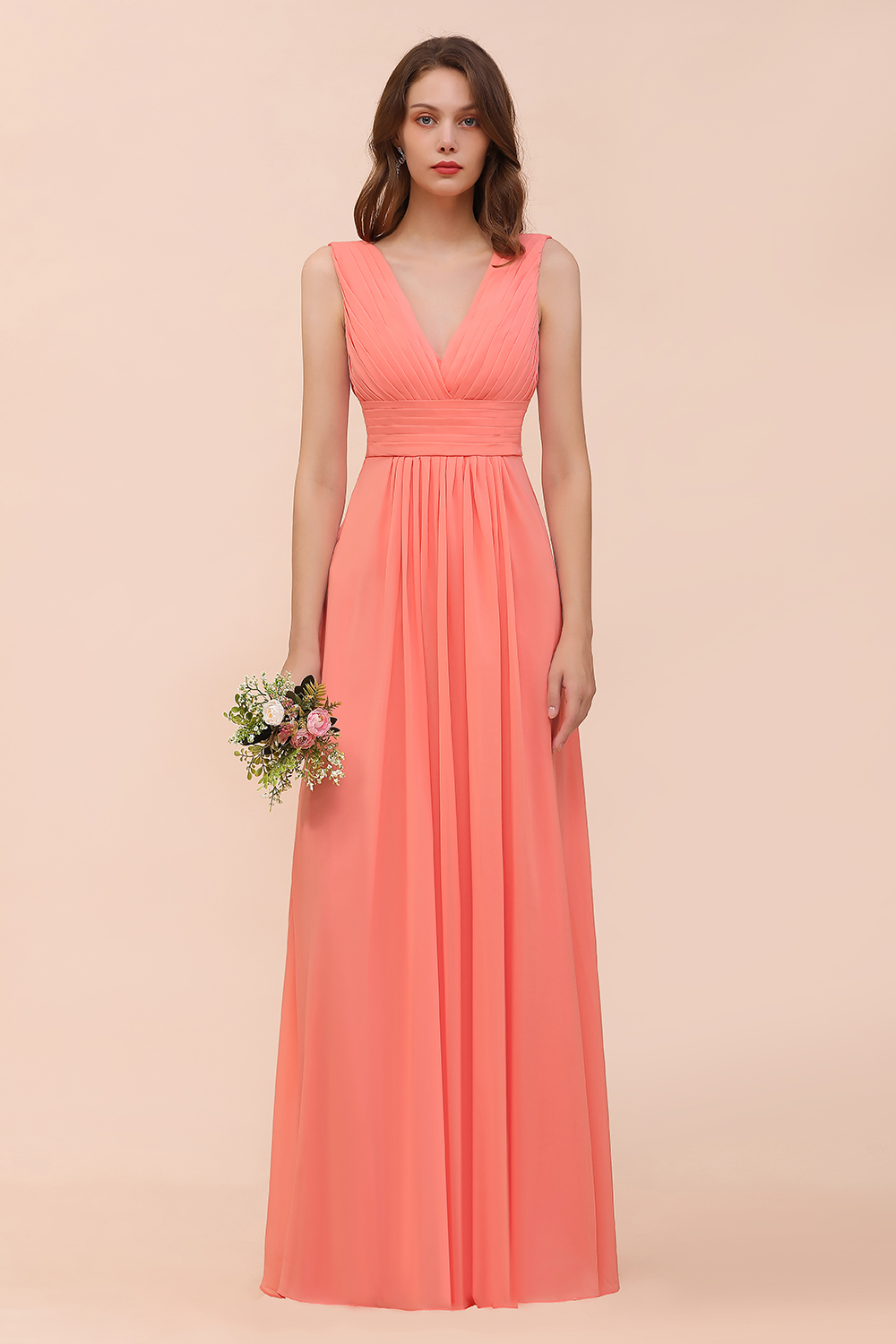 Elegant Long A-line V-Neck Ruffle Coral Chiffon Bridesmaid Dress
