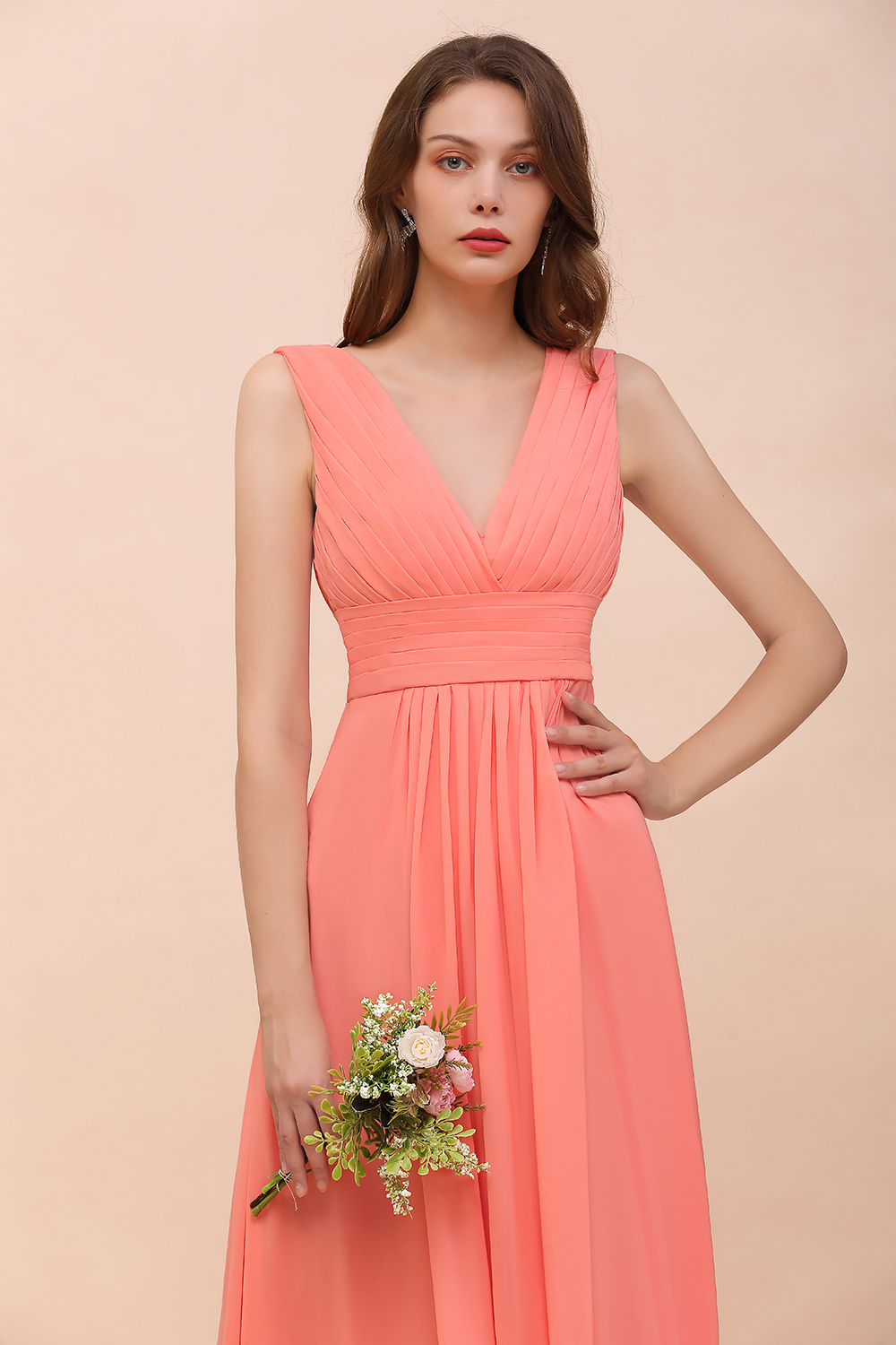 Elegant Long A-line V-Neck Ruffle Coral Chiffon Bridesmaid Dress