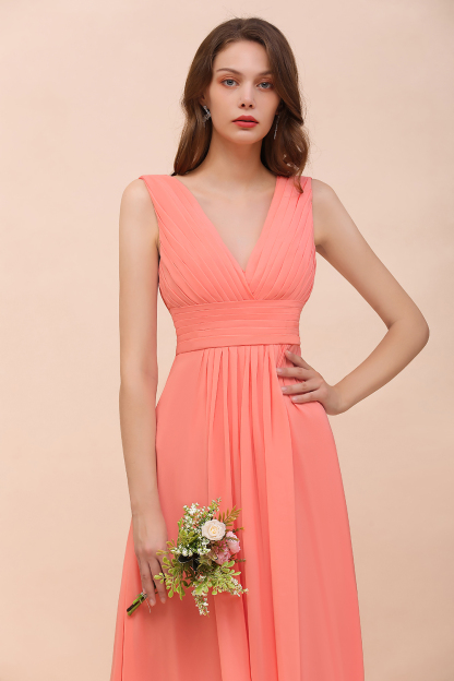Elegant Long A-line V-Neck Ruffle Coral Chiffon Bridesmaid Dress