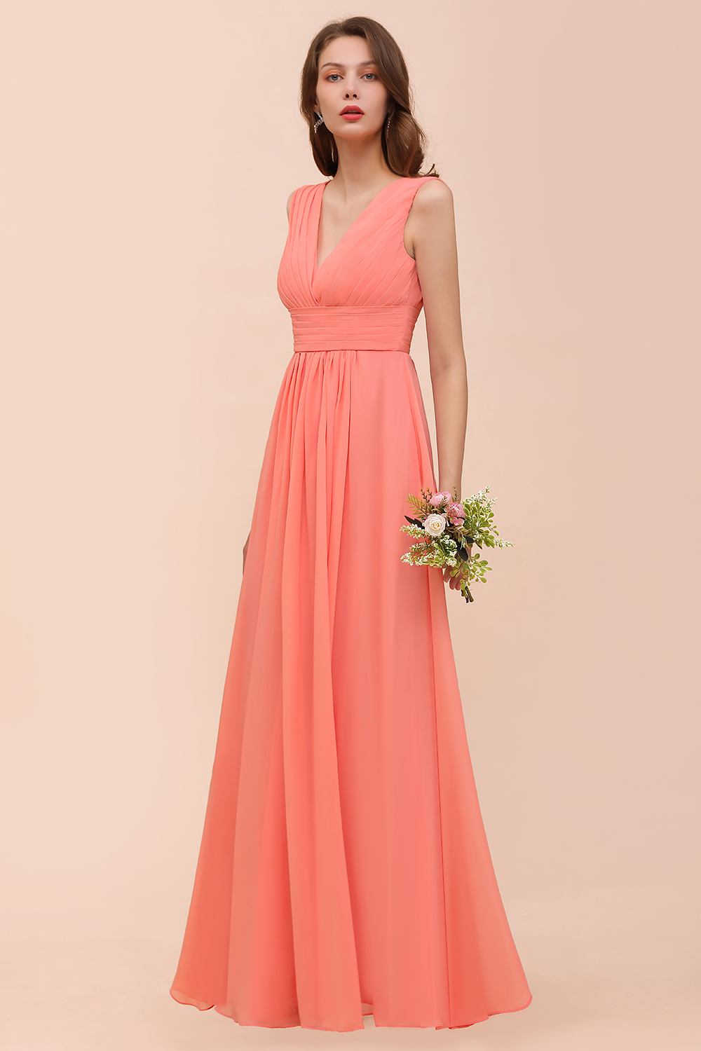 Elegant Long A-line V-Neck Ruffle Coral Chiffon Bridesmaid Dress