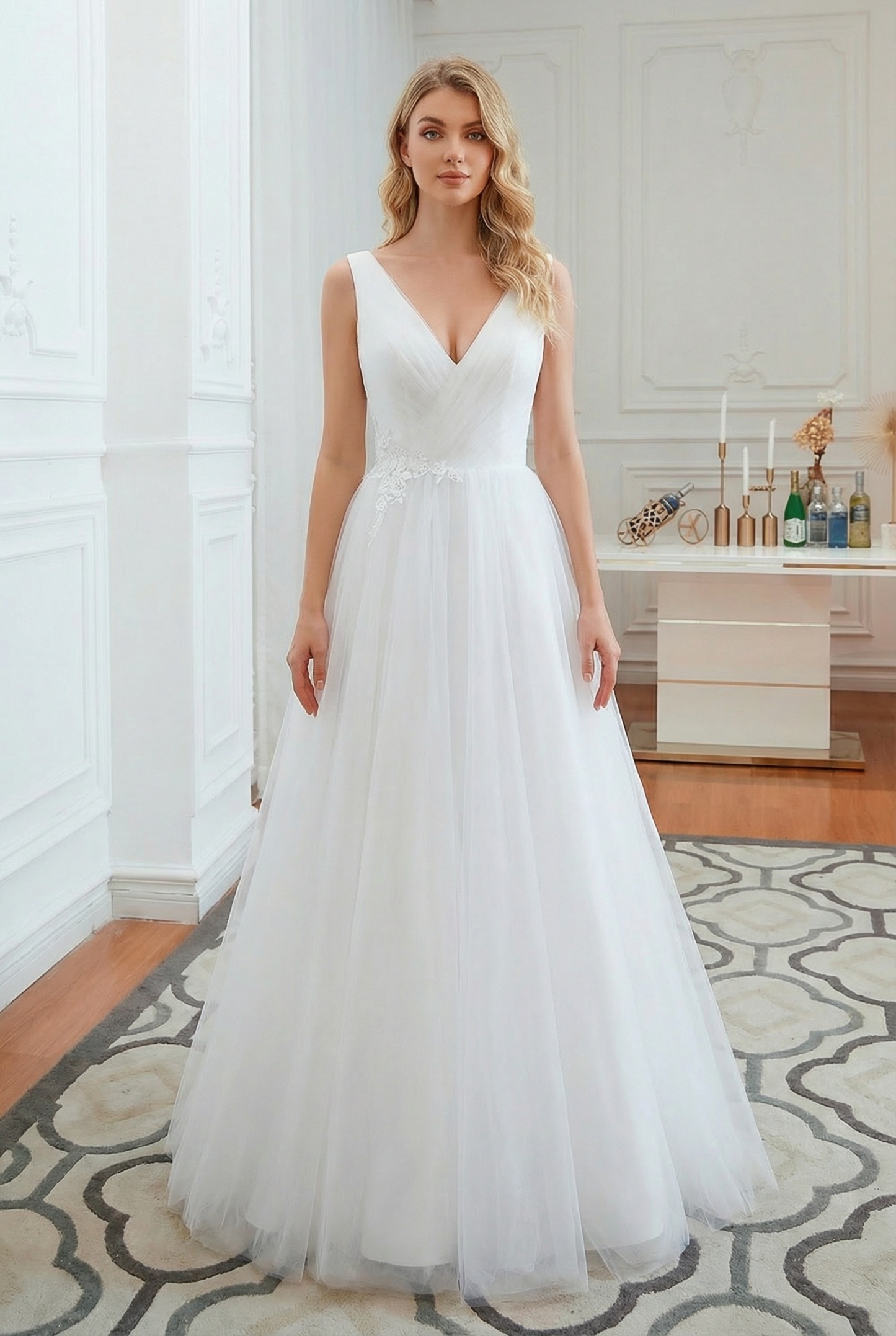 Elegant Long A-line V-neck Floor Length Tulle Sleeveless White Wedding Dresses