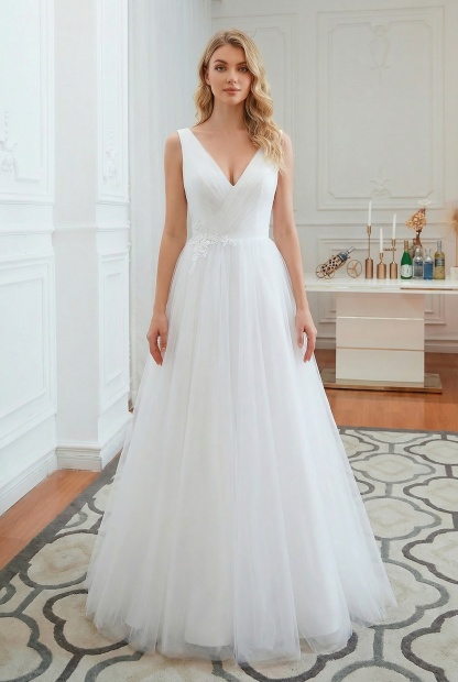 Elegant Long A-line V-neck Floor Length Tulle Sleeveless White Wedding Dresses