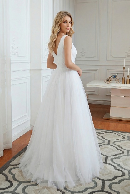 Elegant Long A-line V-neck Floor Length Tulle Sleeveless White Wedding Dresses