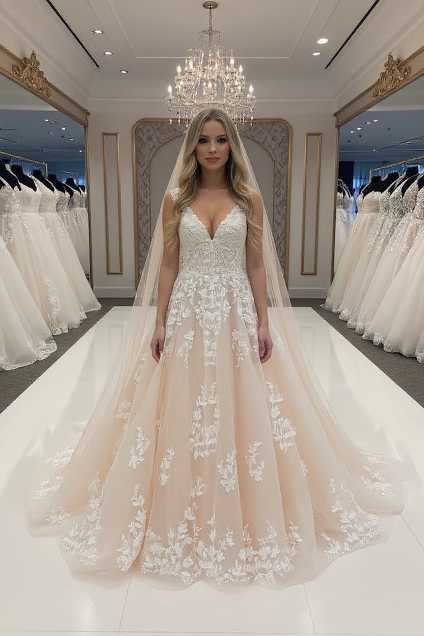 Elegant Long A-line V-neck Tulle Lace Backless Wedding Dresses