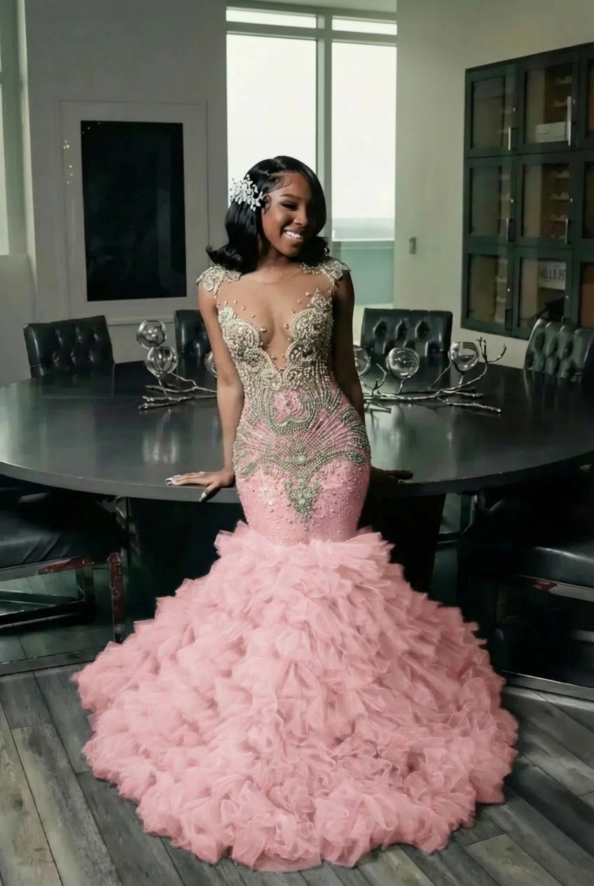 Elegant Long Mermaid Deep V-neck Ruffles Beaded Prom Dress