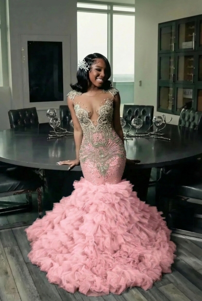 Elegant Long Mermaid Deep V-neck Ruffles Beaded Prom Dress