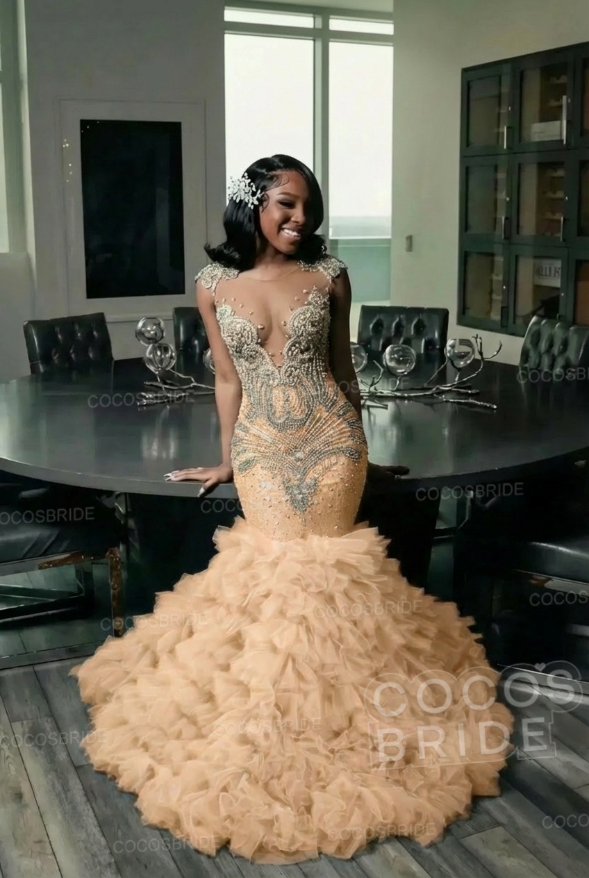 Elegant Long Mermaid Deep V-neck Ruffles Beaded Prom Dress