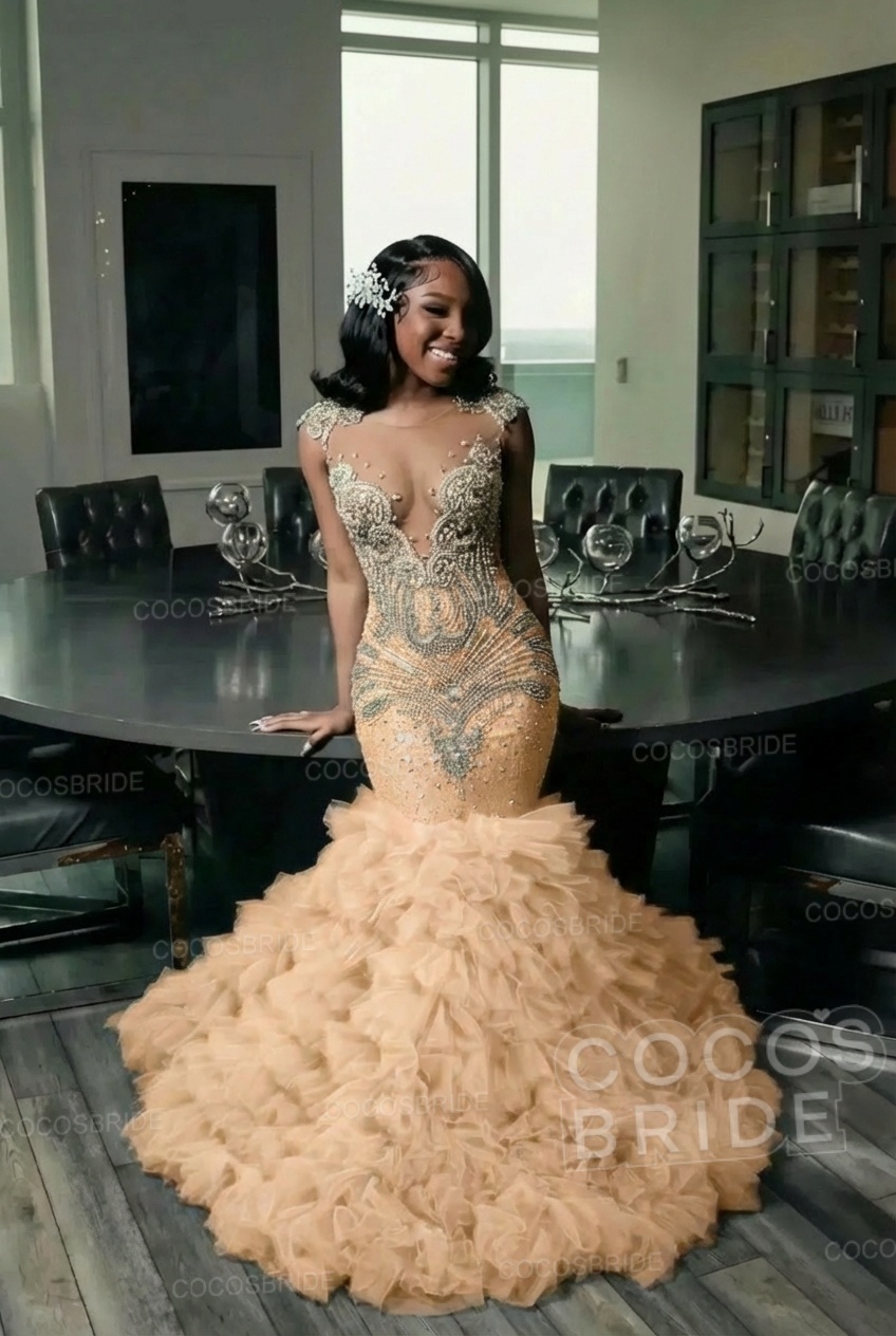 Elegant Long Mermaid Deep V-neck Ruffles Beaded Prom Dress