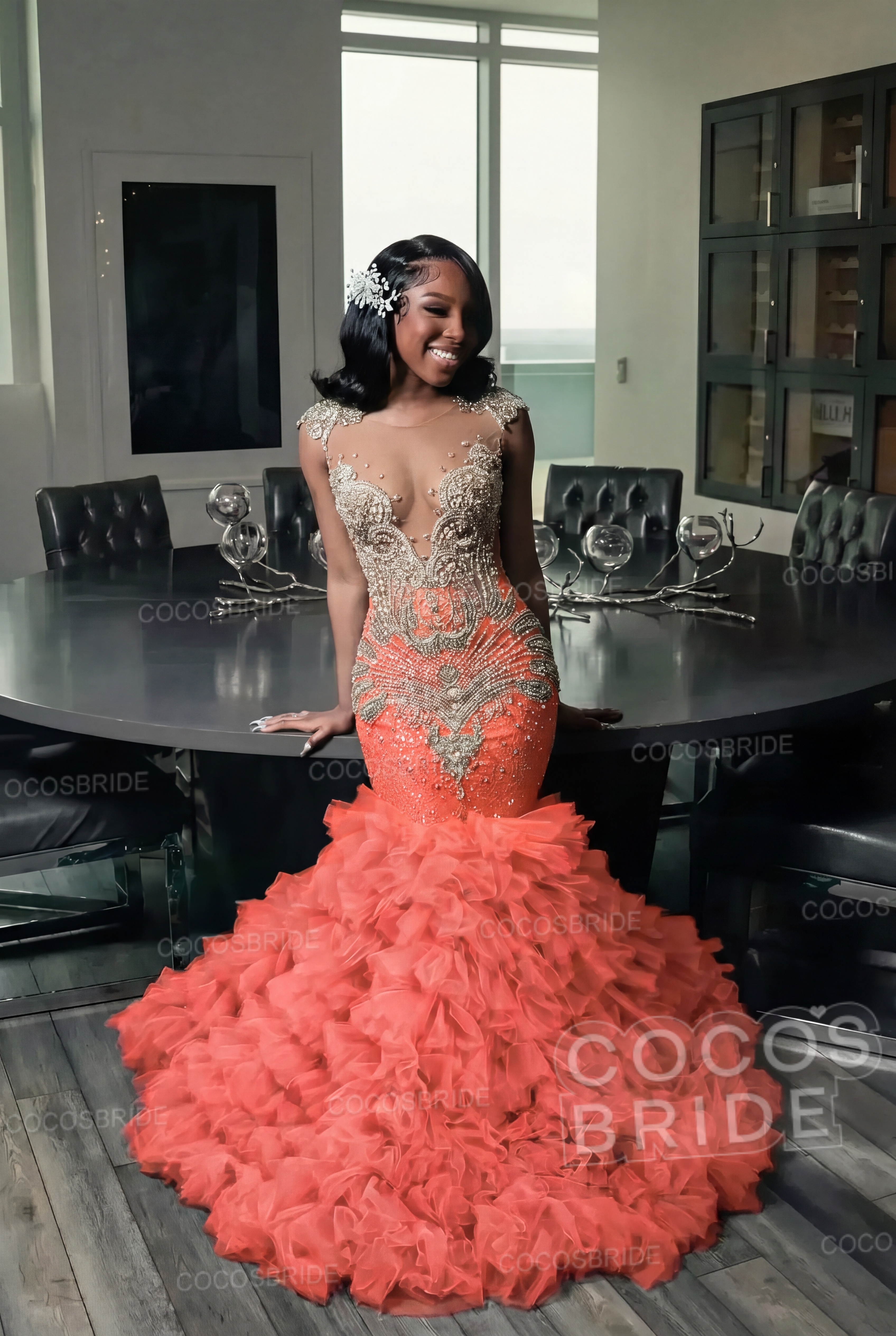 Elegant Long Mermaid Deep V-neck Ruffles Beaded Prom Dress