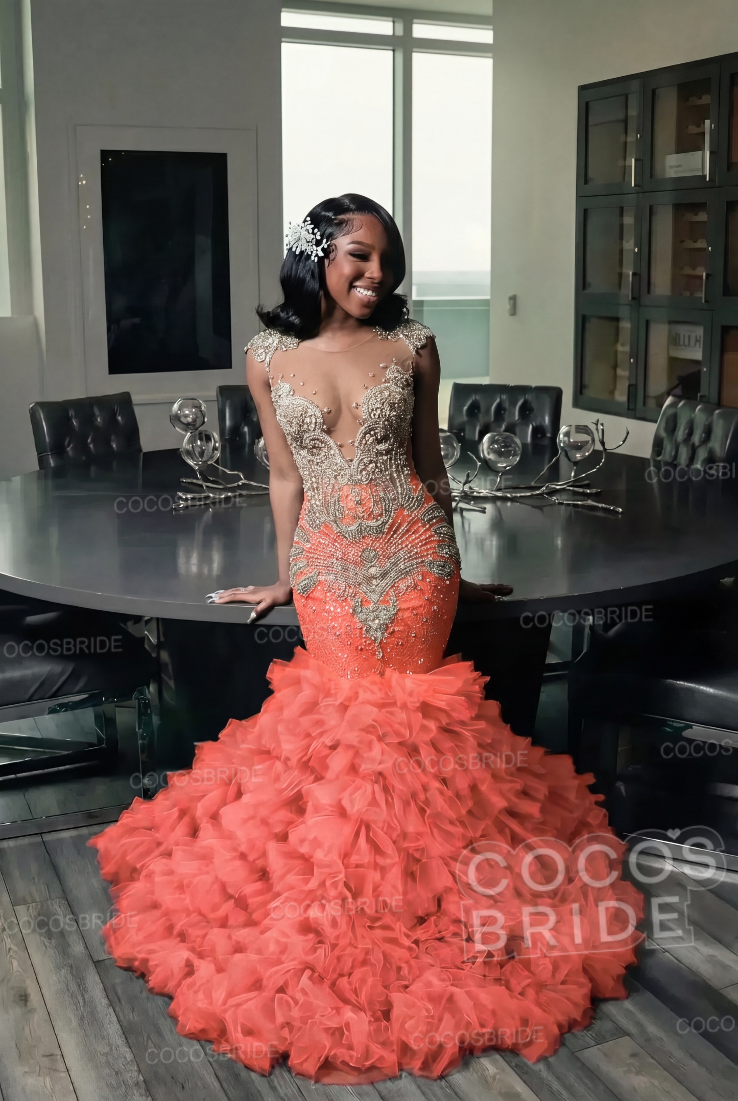 Elegant Long Mermaid Deep V-neck Ruffles Beaded Prom Dress