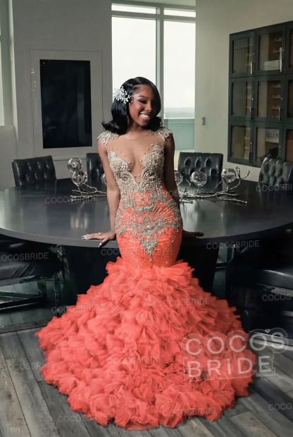 Elegant Long Mermaid Deep V-neck Ruffles Beaded Prom Dress