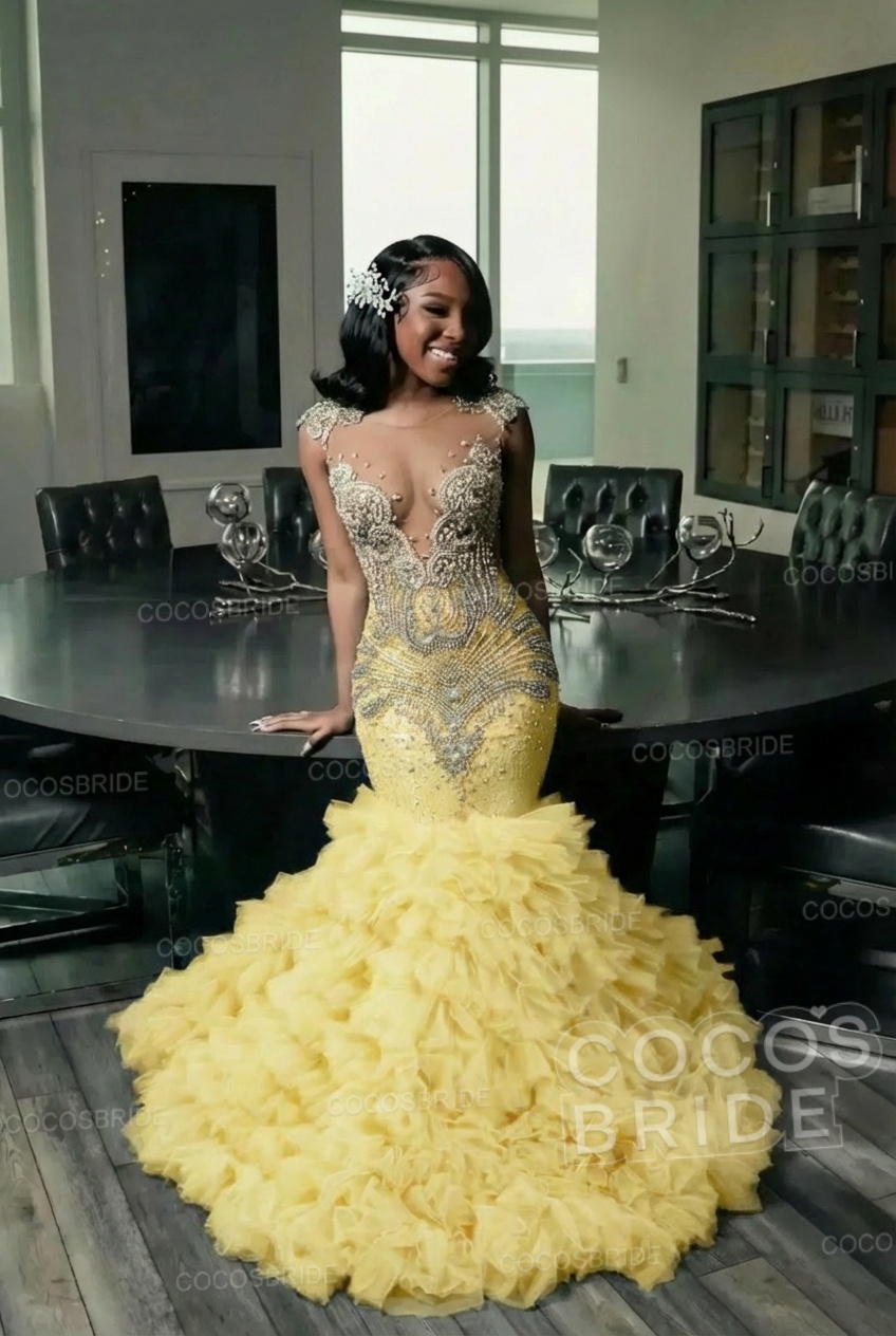 Elegant Long Mermaid Deep V-neck Ruffles Beaded Prom Dress