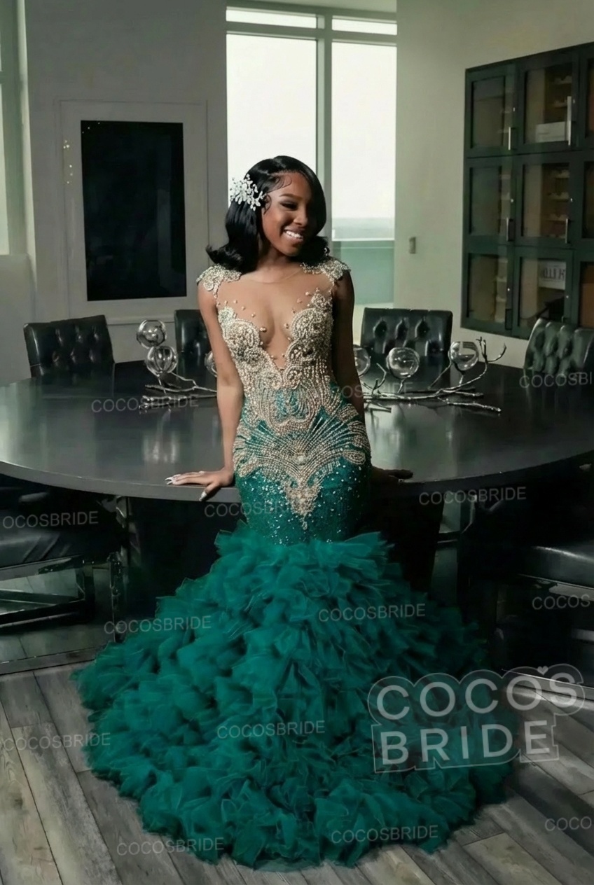 Elegant Long Mermaid Deep V-neck Ruffles Beaded Prom Dress