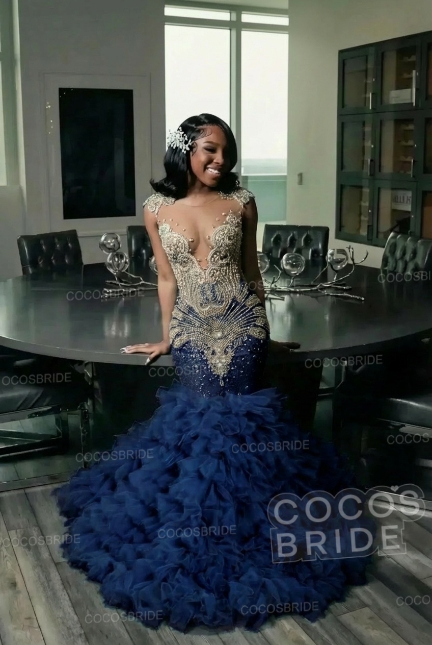 Elegant Long Mermaid Deep V-neck Ruffles Beaded Prom Dress