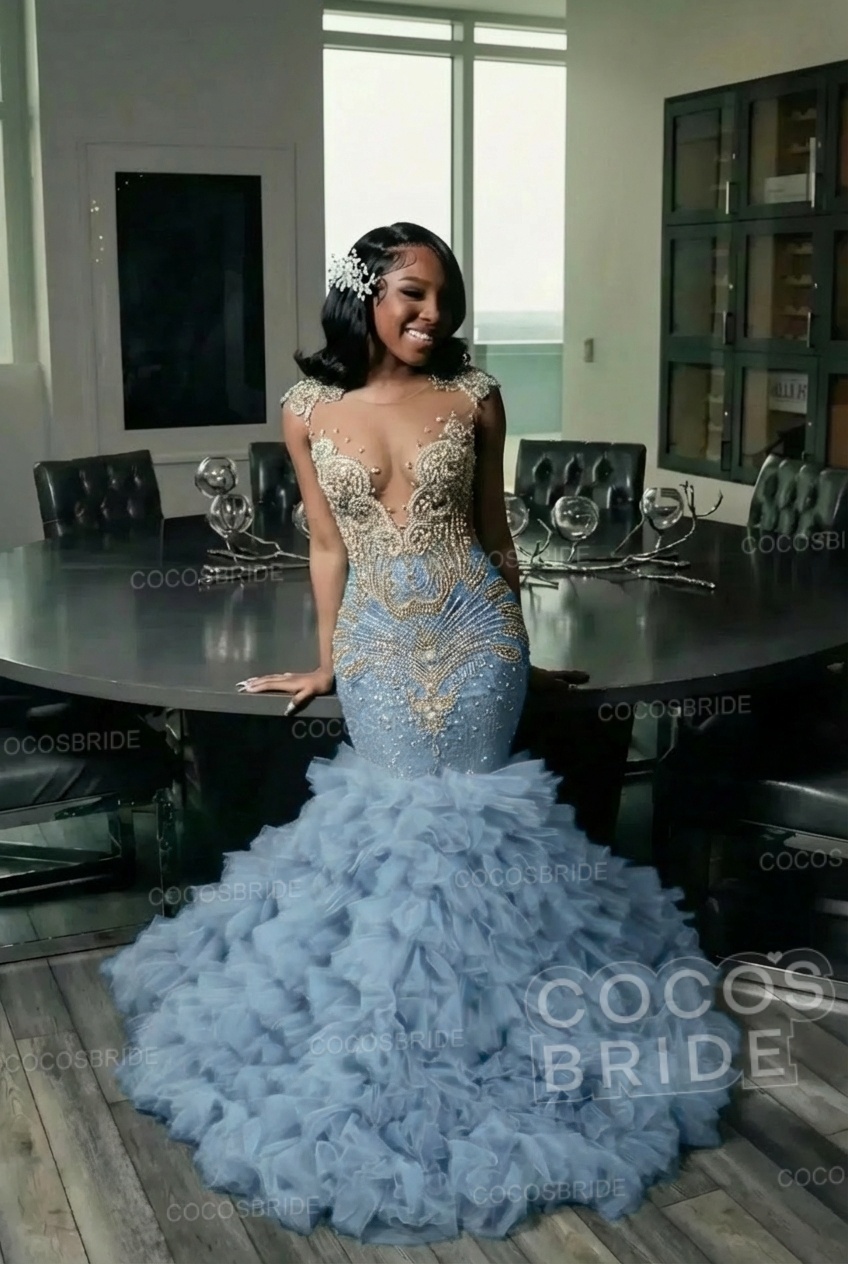 Elegant Long Mermaid Deep V-neck Ruffles Beaded Prom Dress