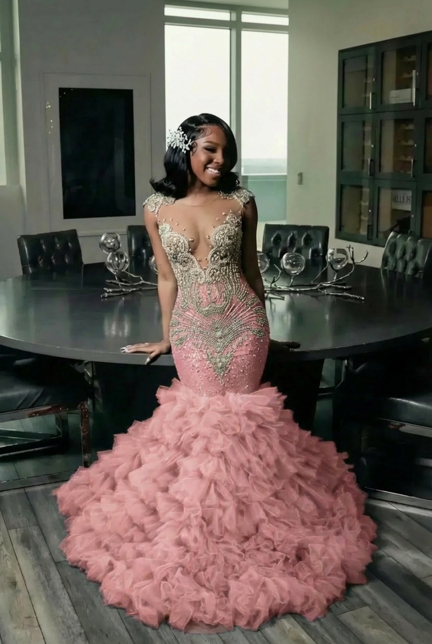 Elegant Long Mermaid Deep V-neck Ruffles Beaded Prom Dress