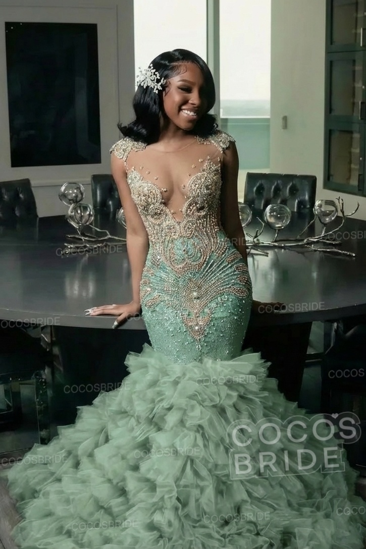 Elegant Long Mermaid Deep V-neck Ruffles Beaded Prom Dress