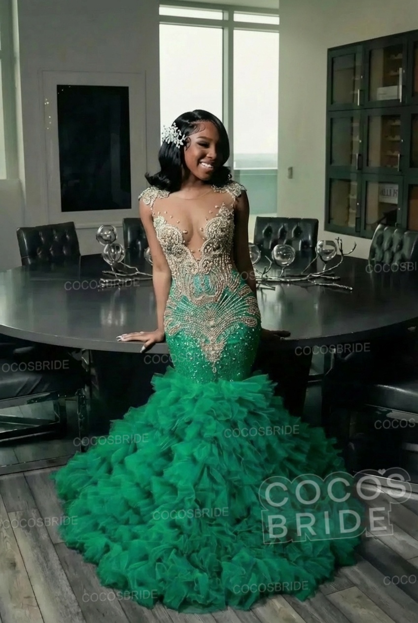 Elegant Long Mermaid Deep V-neck Ruffles Beaded Prom Dress