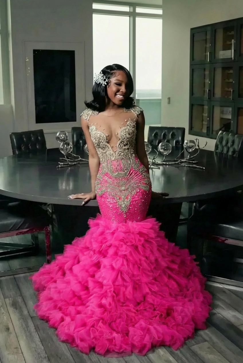 Elegant Long Mermaid Deep V-neck Ruffles Beaded Prom Dress