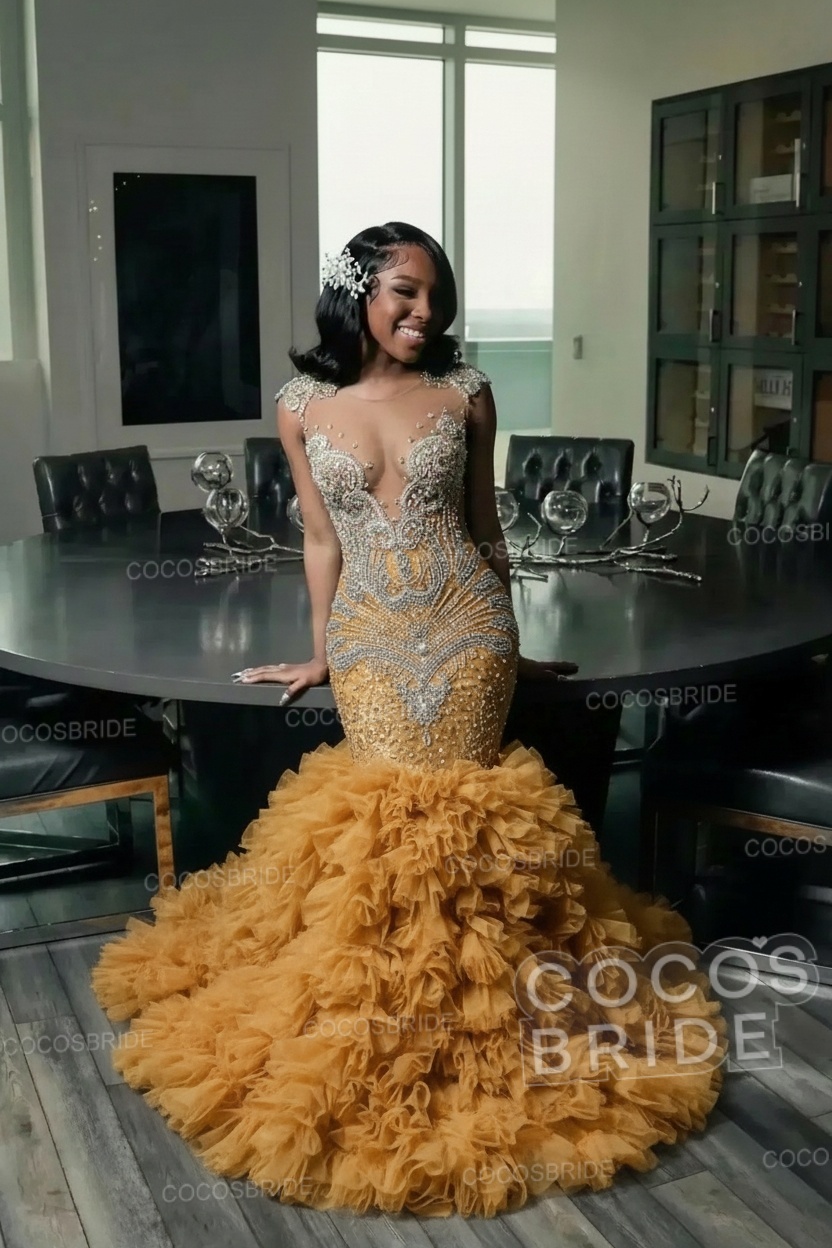 Elegant Long Mermaid Deep V-neck Ruffles Beaded Prom Dress