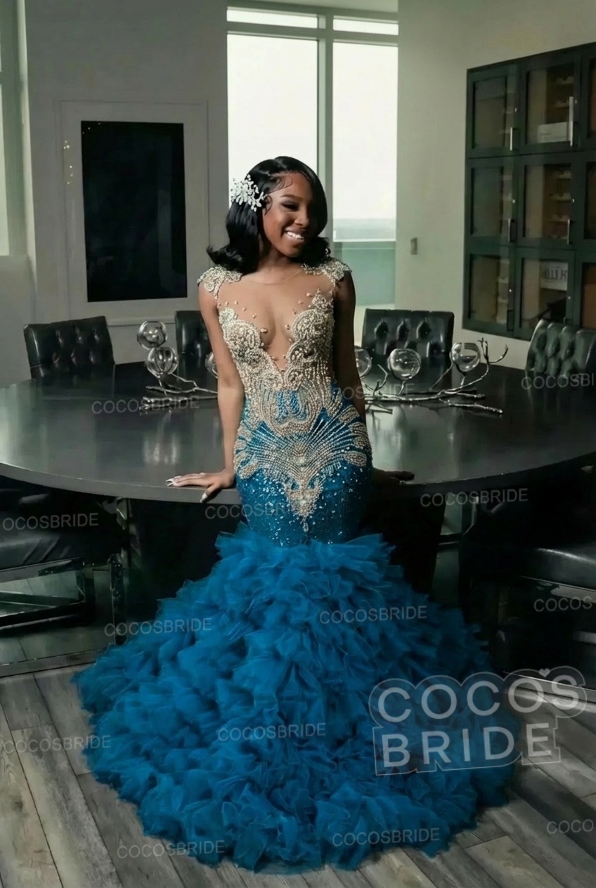 Elegant Long Mermaid Deep V-neck Ruffles Beaded Prom Dress