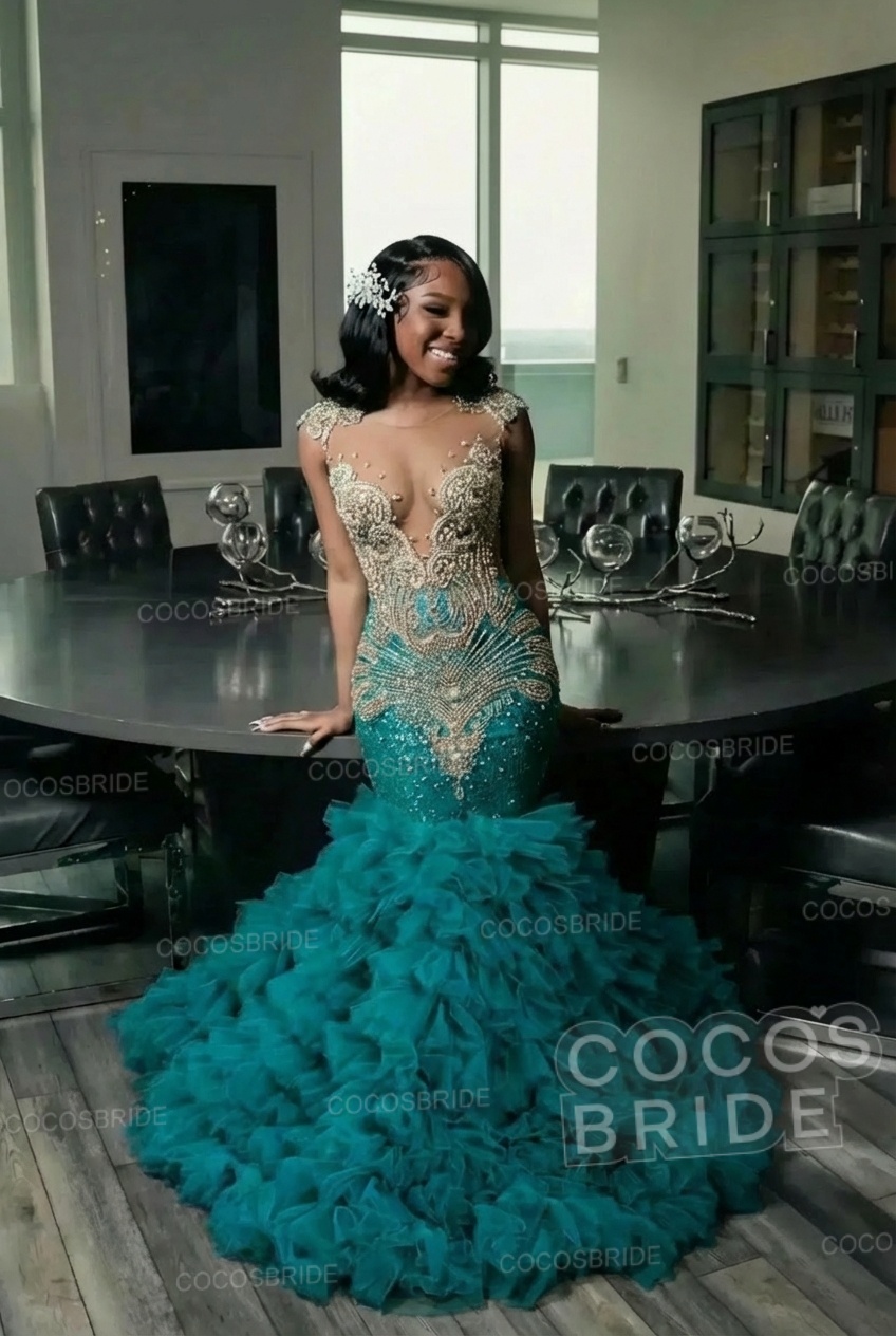 Elegant Long Mermaid Deep V-neck Ruffles Beaded Prom Dress