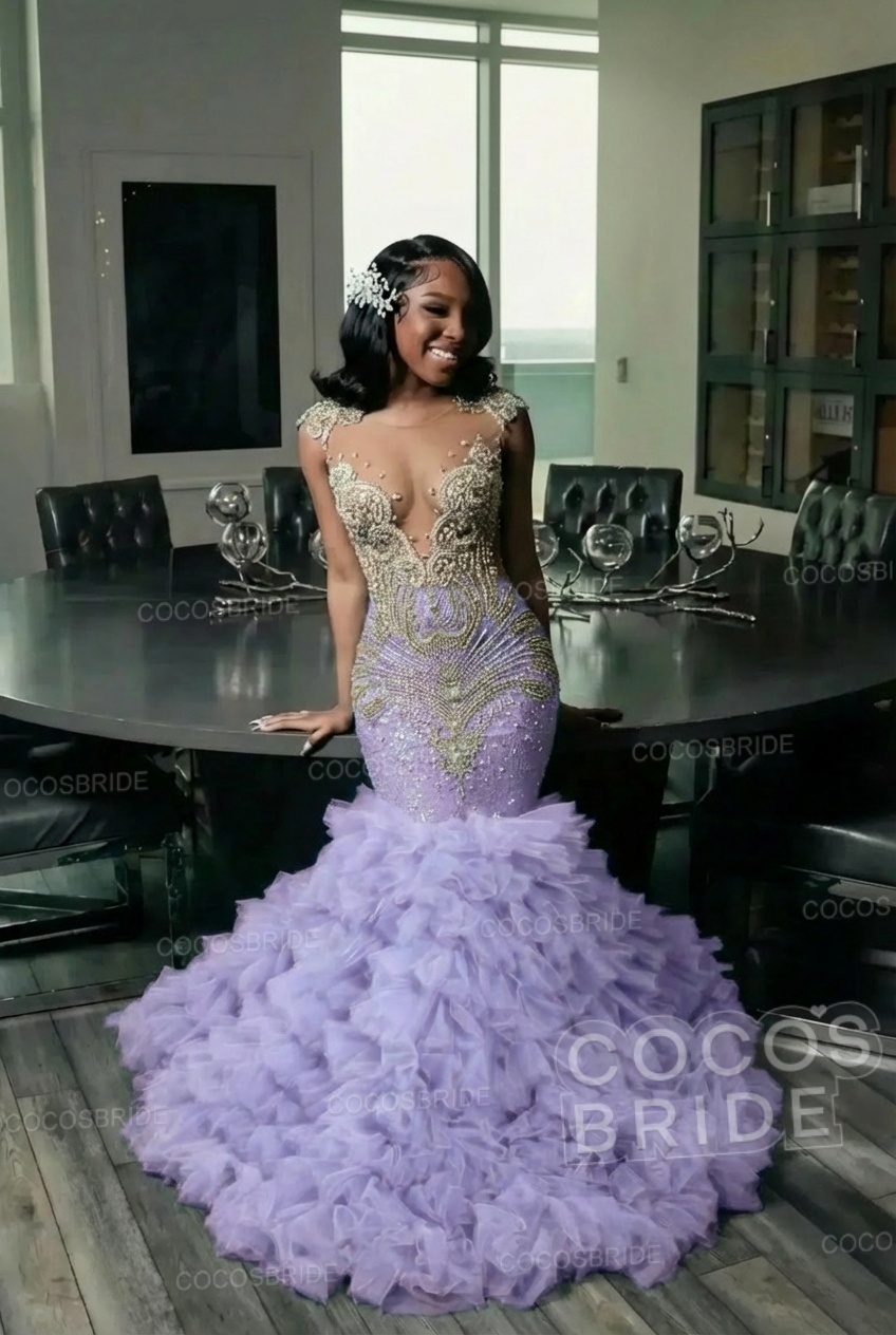Elegant Long Mermaid Deep V-neck Ruffles Beaded Prom Dress
