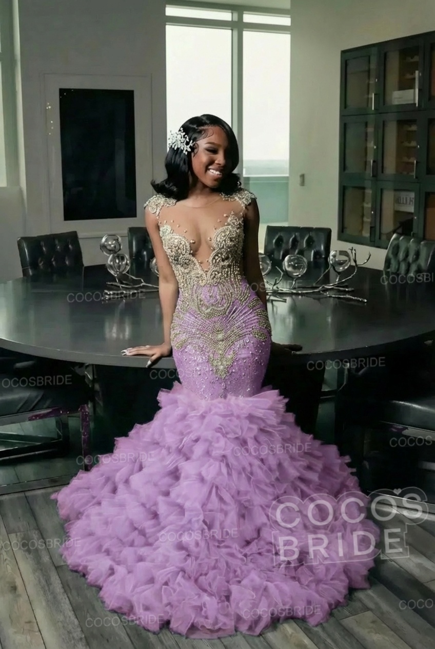 Elegant Long Mermaid Deep V-neck Ruffles Beaded Prom Dress