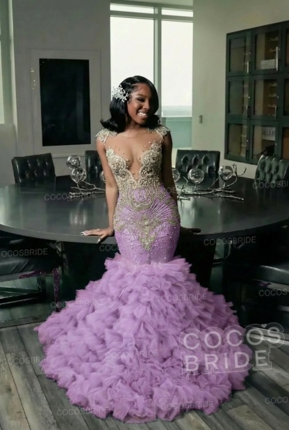 Elegant Long Mermaid Deep V-neck Ruffles Beaded Prom Dress