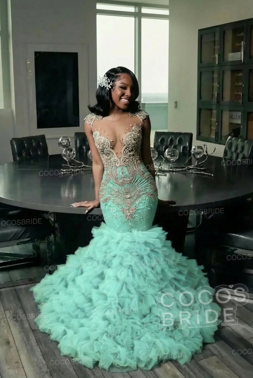 Elegant Long Mermaid Deep V-neck Ruffles Beaded Prom Dress