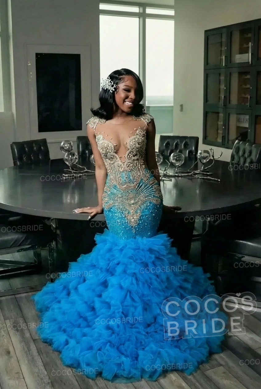 Elegant Long Mermaid Deep V-neck Ruffles Beaded Prom Dress