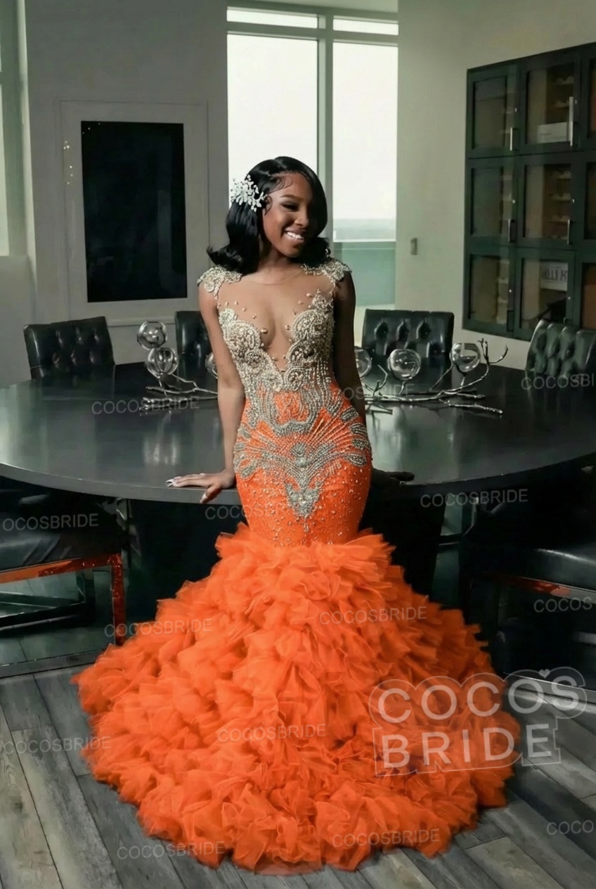 Elegant Long Mermaid Deep V-neck Ruffles Beaded Prom Dress