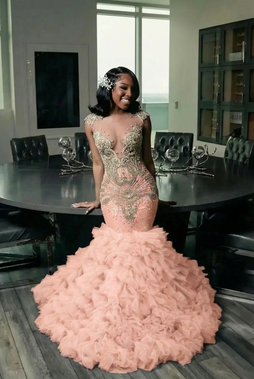 Elegant Long Mermaid Deep V-neck Ruffles Beaded Prom Dress