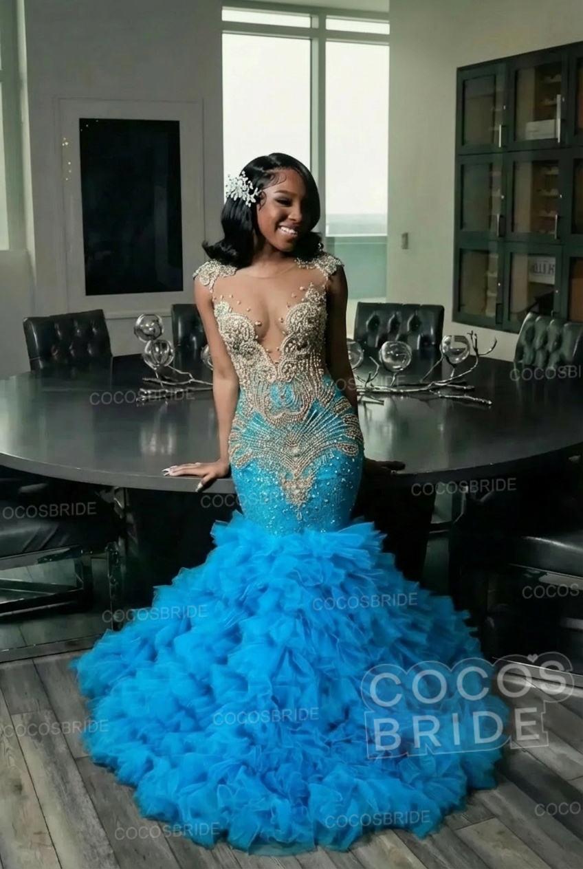Elegant Long Mermaid Deep V-neck Ruffles Beaded Prom Dress