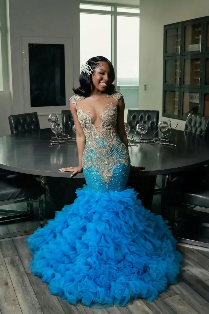 Elegant Long Mermaid Deep V-neck Ruffles Beaded Prom Dress