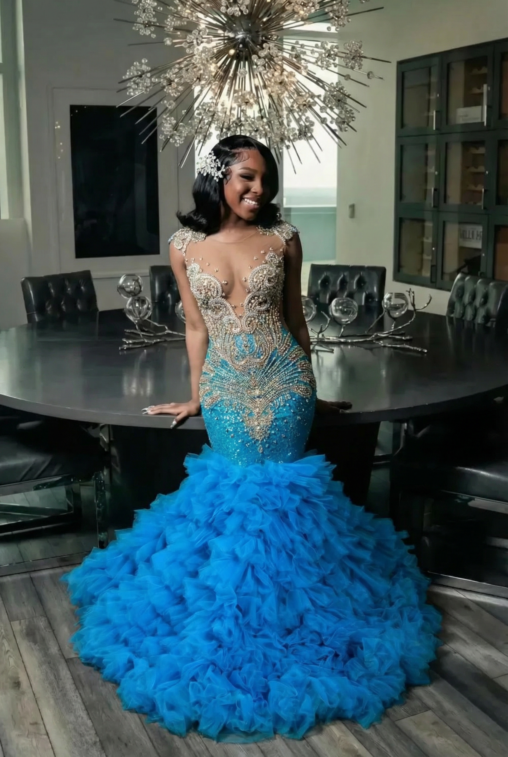 Elegant Long Mermaid Deep V-neck Ruffles Beaded Prom Dresses