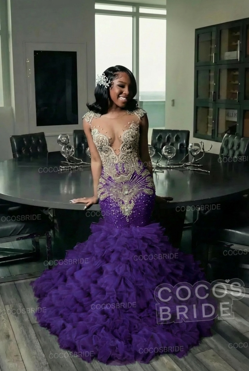 Elegant Long Mermaid Deep V-neck Ruffles Beaded Prom Dress