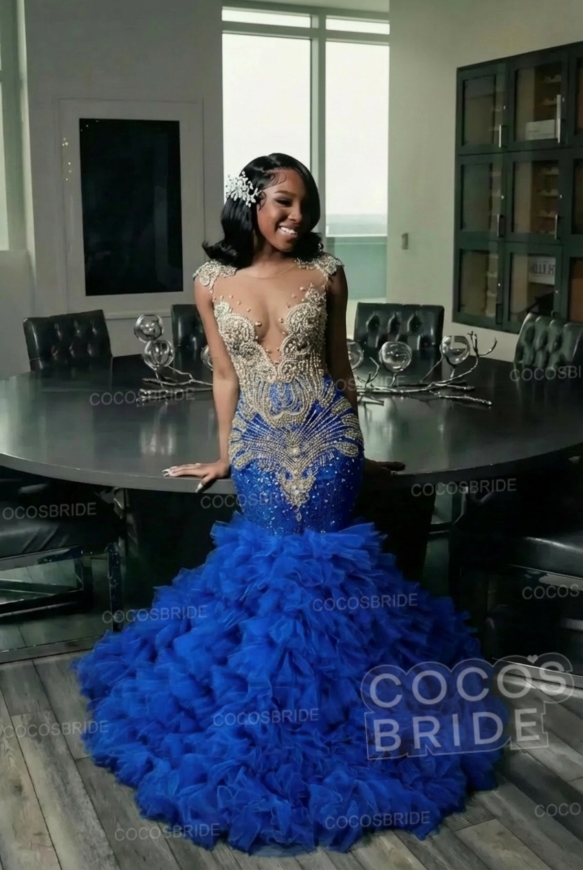 Elegant Long Mermaid Deep V-neck Ruffles Beaded Prom Dress