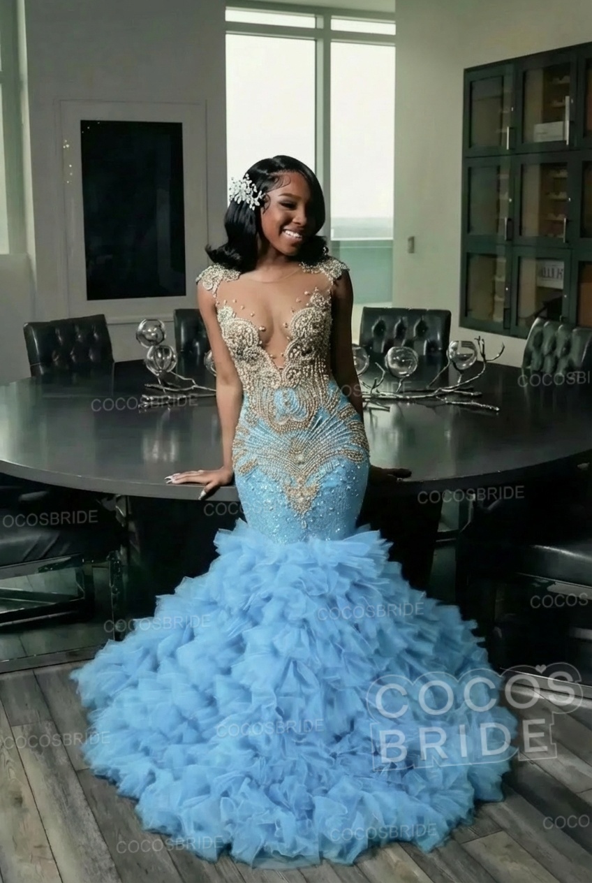 Elegant Long Mermaid Deep V-neck Ruffles Beaded Prom Dress