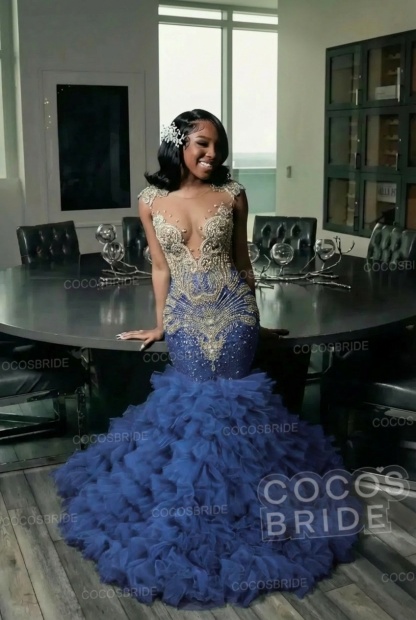 Elegant Long Mermaid Deep V-neck Ruffles Beaded Prom Dress