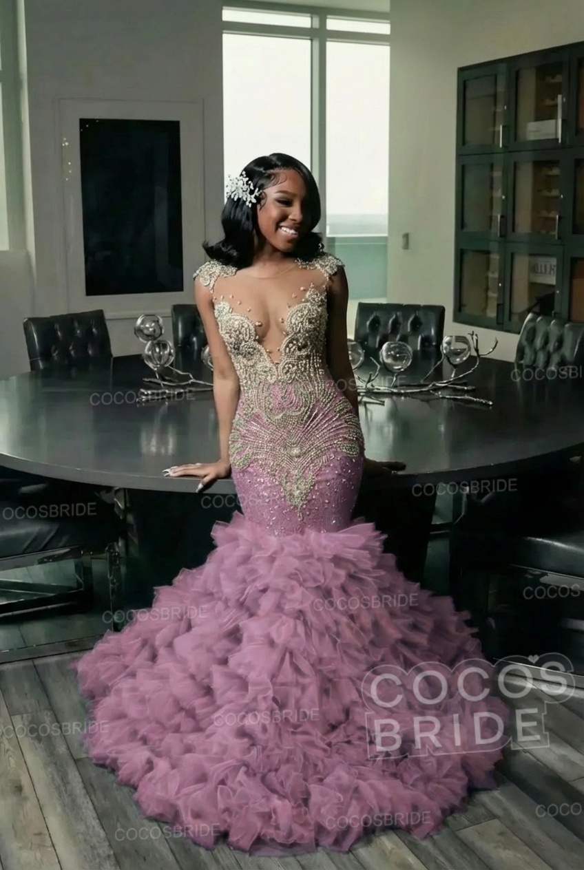 Elegant Long Mermaid Deep V-neck Ruffles Beaded Prom Dress