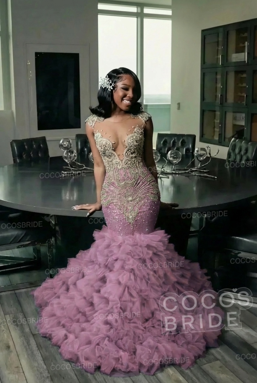 Elegant Long Mermaid Deep V-neck Ruffles Beaded Prom Dress