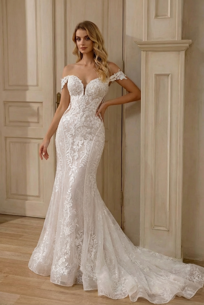 Elegant Long Mermaid Off the Shoulder Lace Wedding Dress