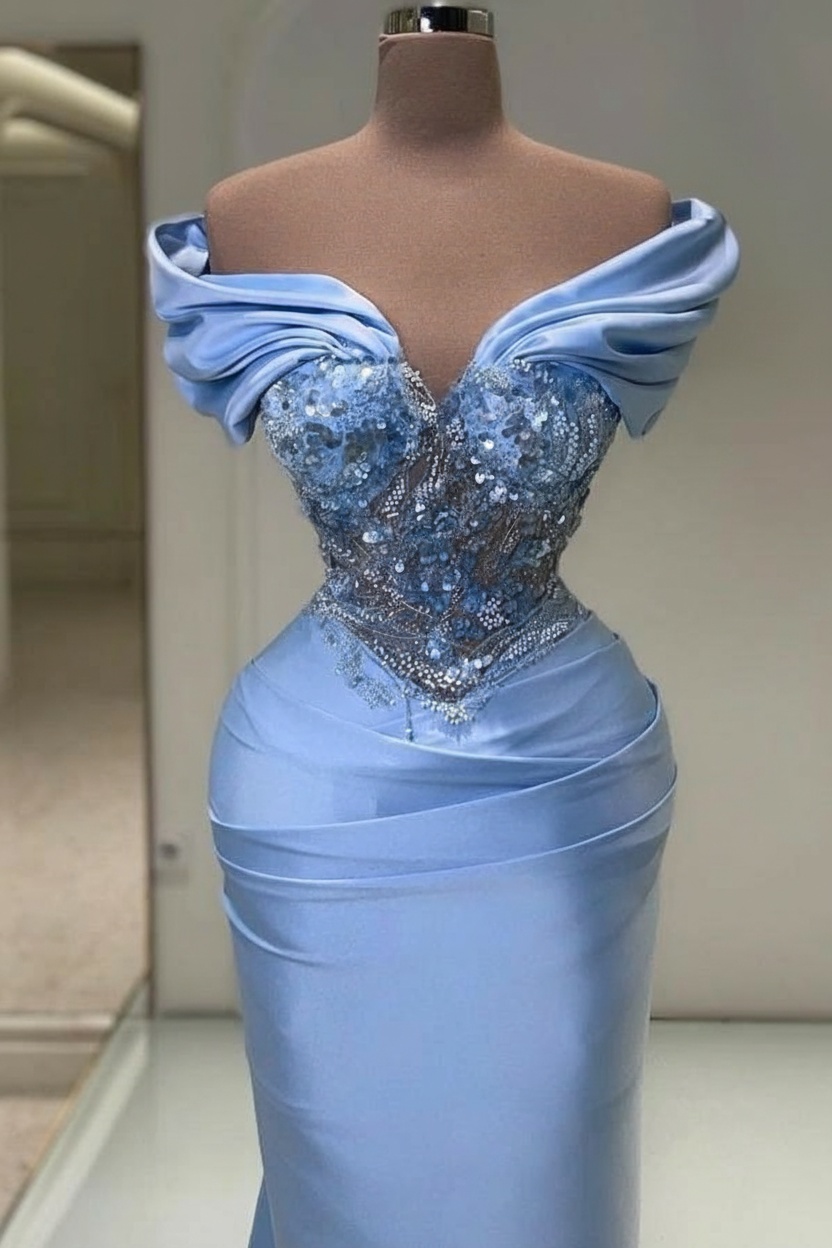Elegant Long Mermaid Off the Shoulder Satin Beadings Prom Dresses