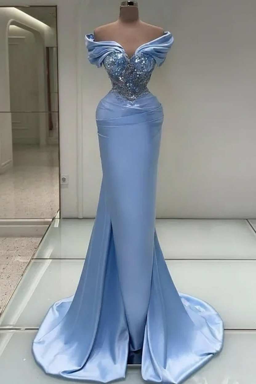 Elegant Long Mermaid Off the Shoulder Satin Beadings Prom Dresses