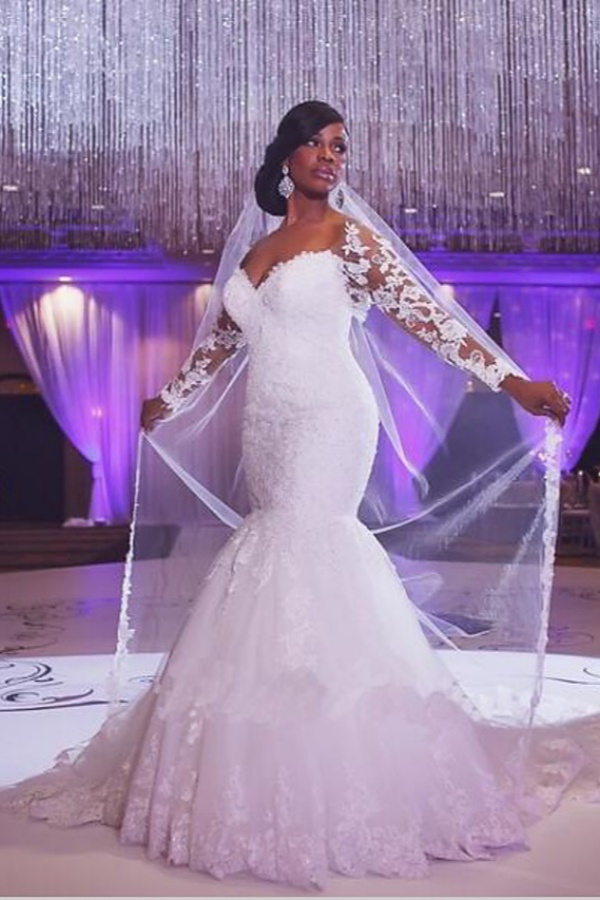 Elegant Long Mermaid Sweetheart Tulle Lace White Wedding Dresses with Sleeves