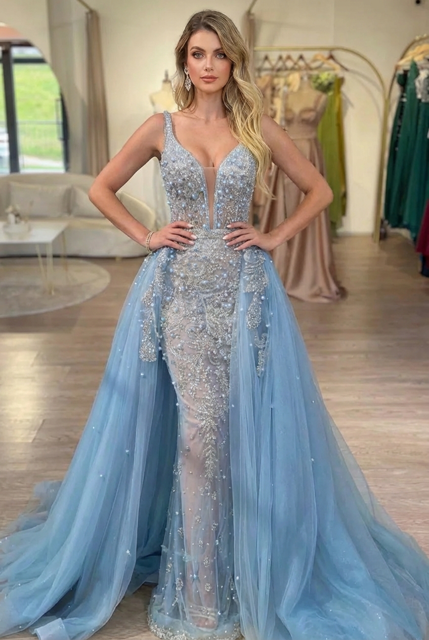 Elegant Long Mermaid V-neck Tulle Lace Overskirt Prom Dresses