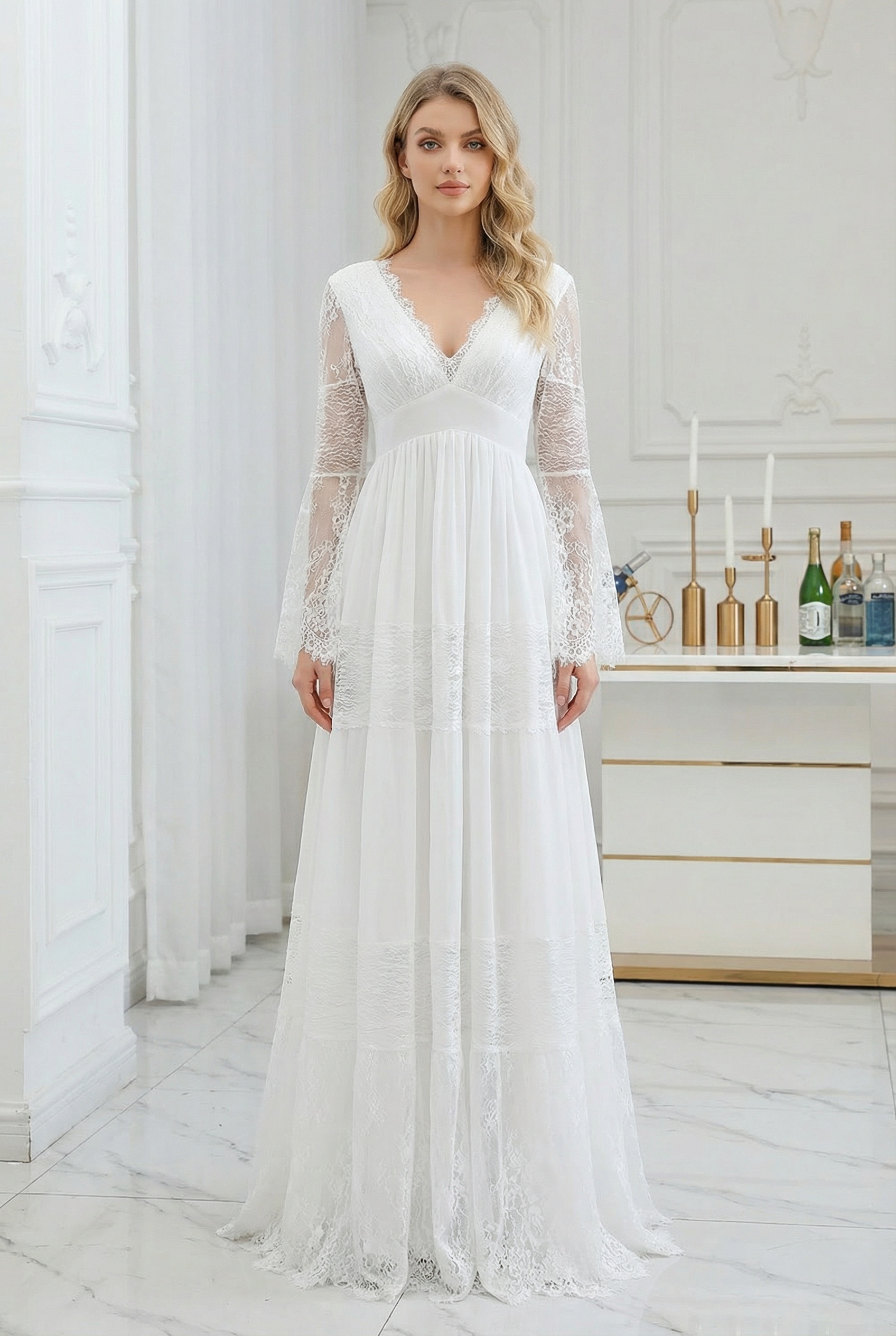 Elegant Long Sleeves A-line V-Neck Tulle White Wedding Dresses
