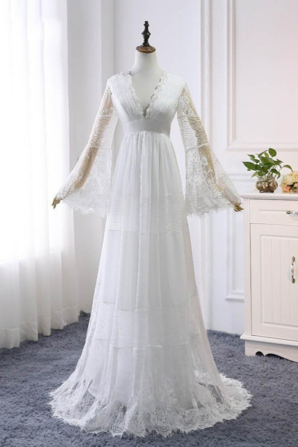 Elegant Long Sleeves A-line V-Neck Tulle Wedding Dresses